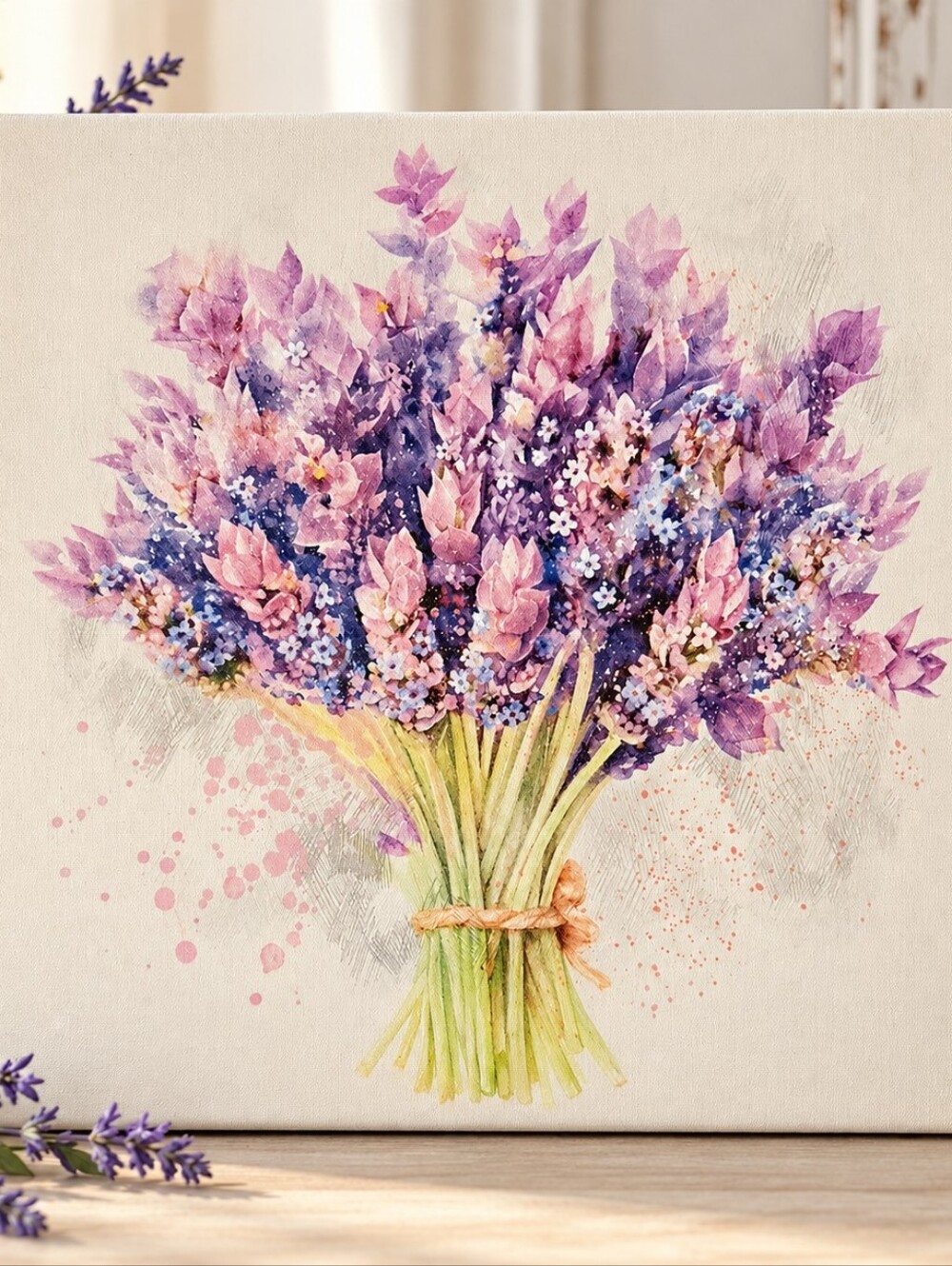 Lavender Bouquet Floral Canvas Wall Art 13.5” Square Cottagecore Botanical Decor